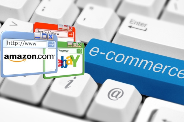 e-commerce key on a white keyboard closeup. E-commerce concept image.